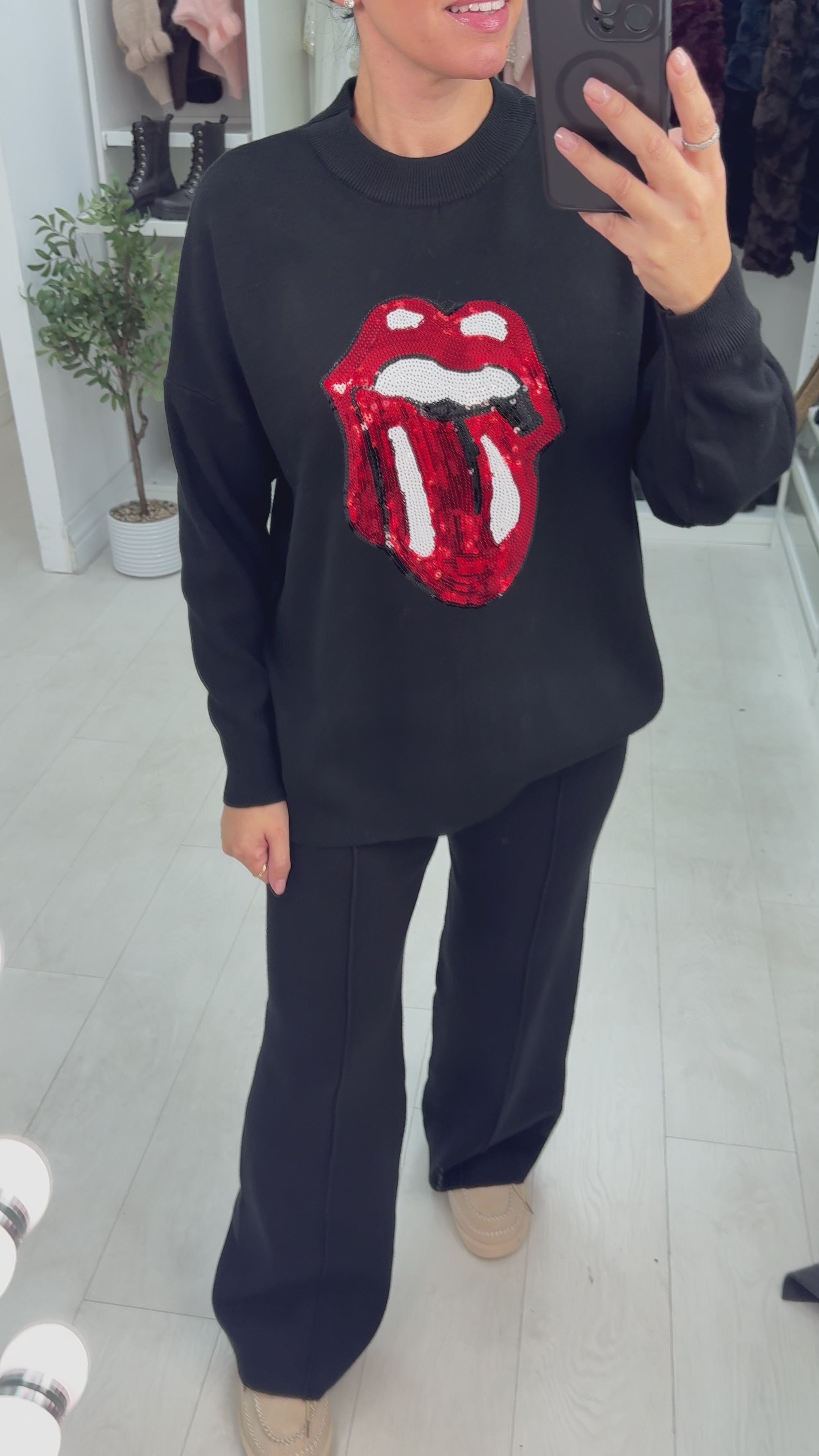 Load video: Lucillie Sequin Embellished Lips Detailed Jumper