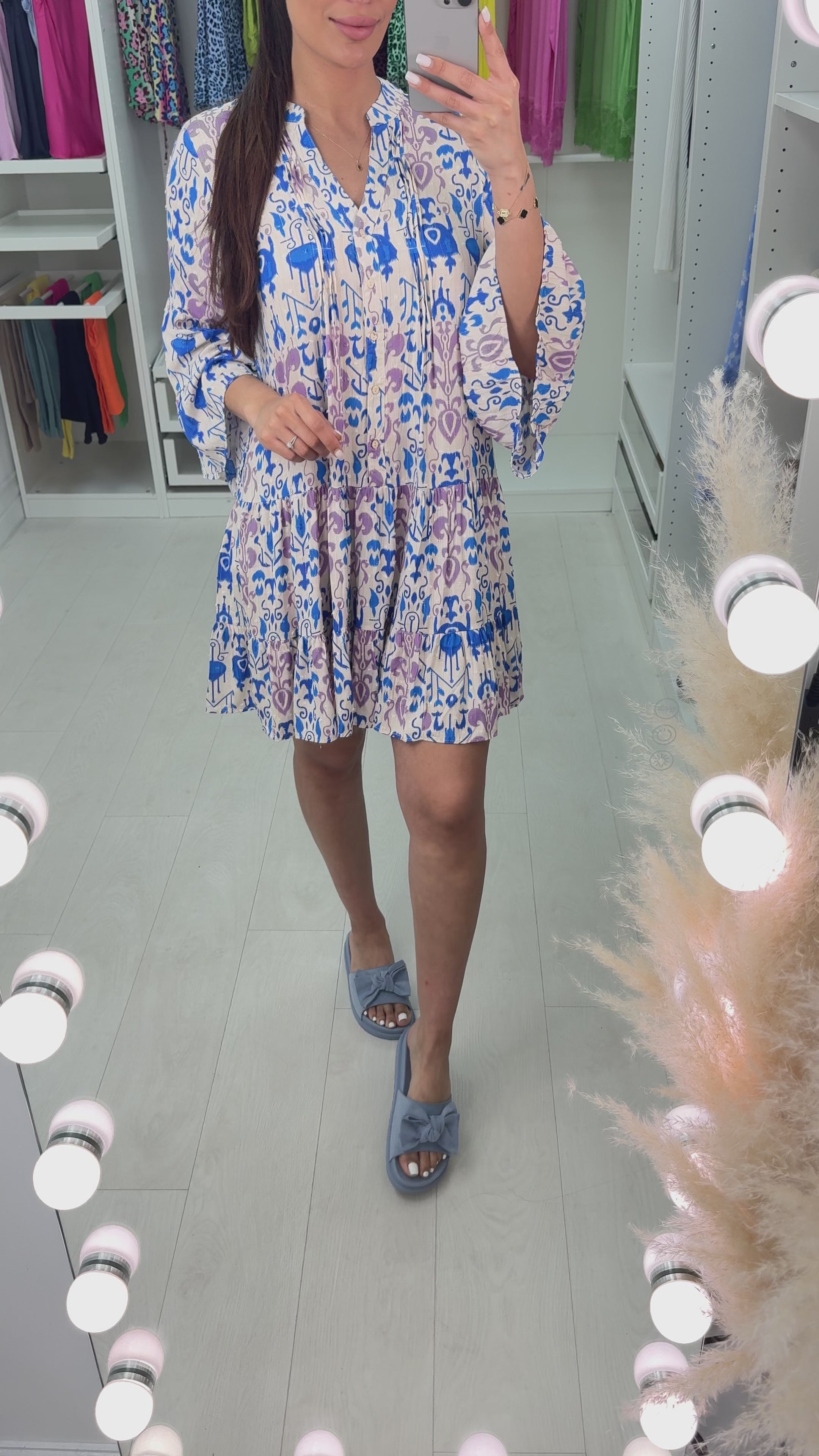Load video: Fiora Pin Tuck Baroque Print Smock Dress