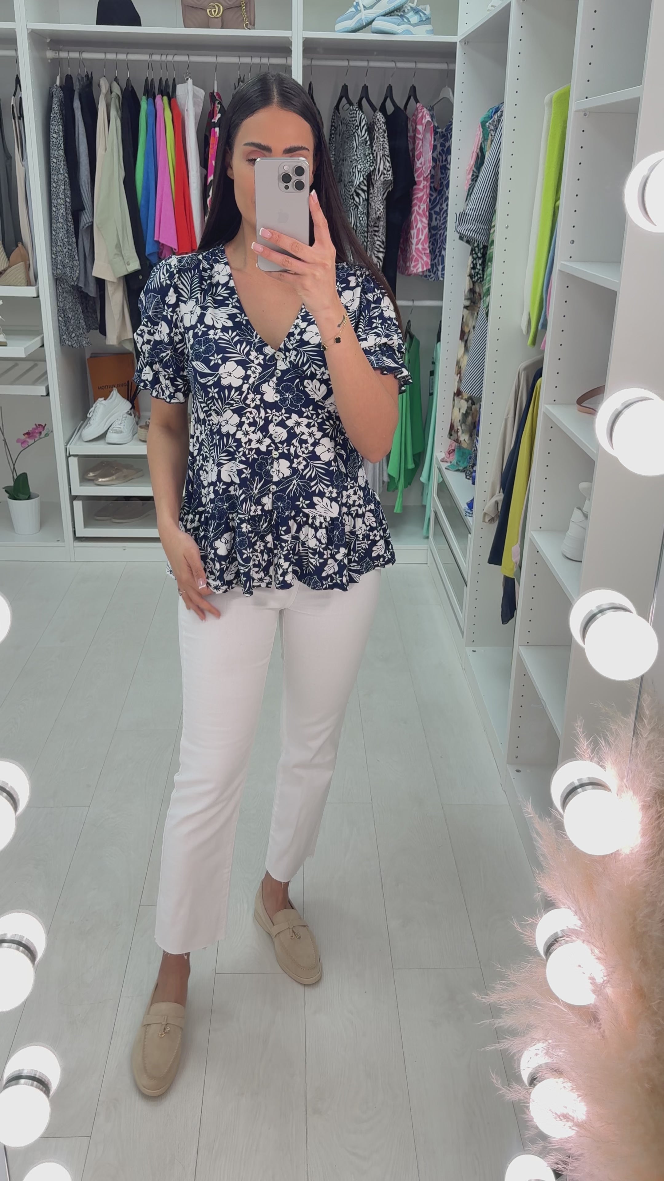 Load video: Emma Floral Print Button Detail Top