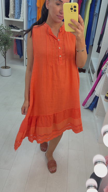 Velma Plain Button Detailed Scalloped Hem Linen Dress