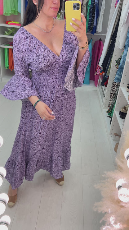 Jinti Lilac Dalmation Print Ruffle Maxi Dress