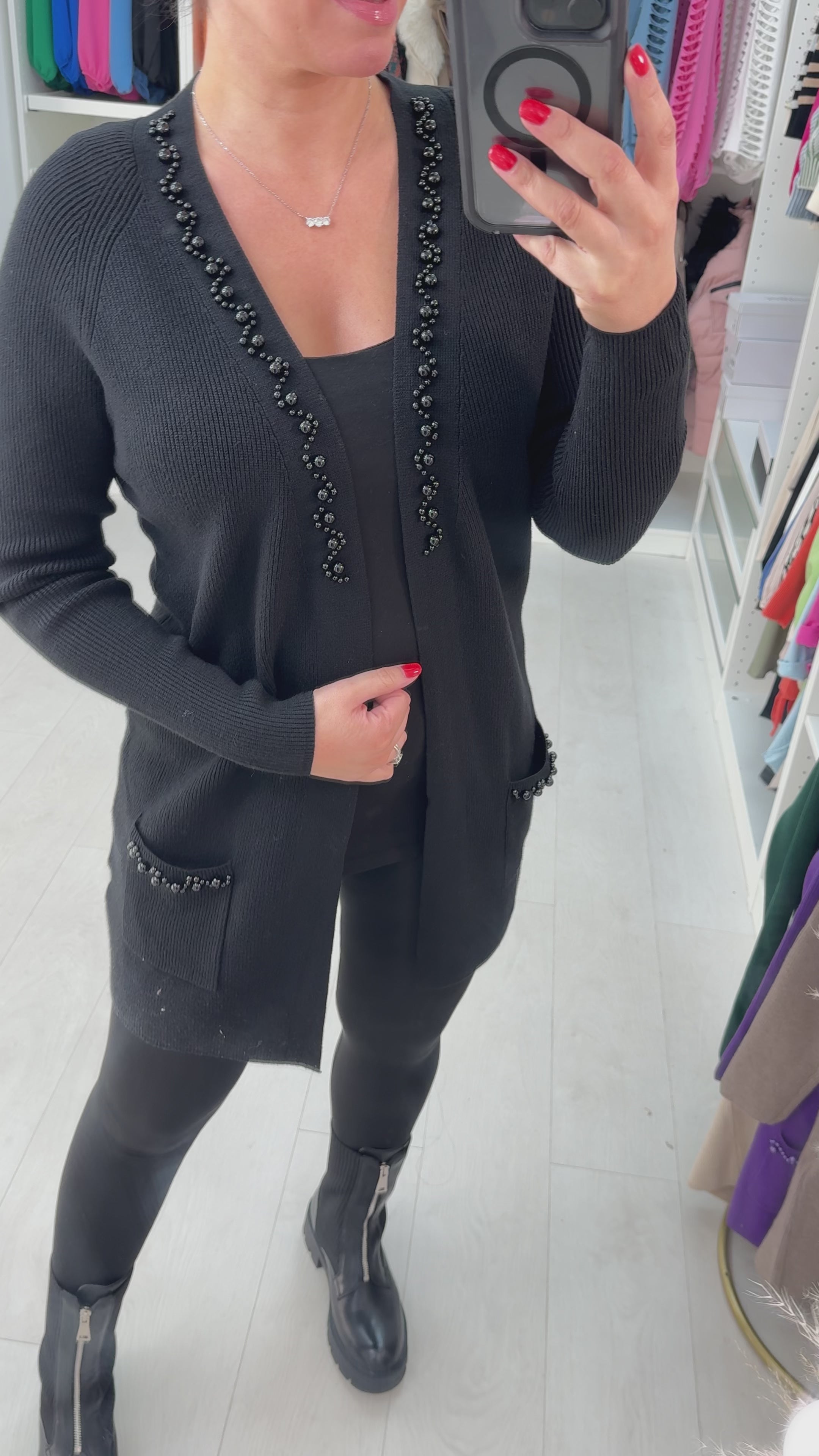 Zahara Longline Pearl Stone Detail Cardigan