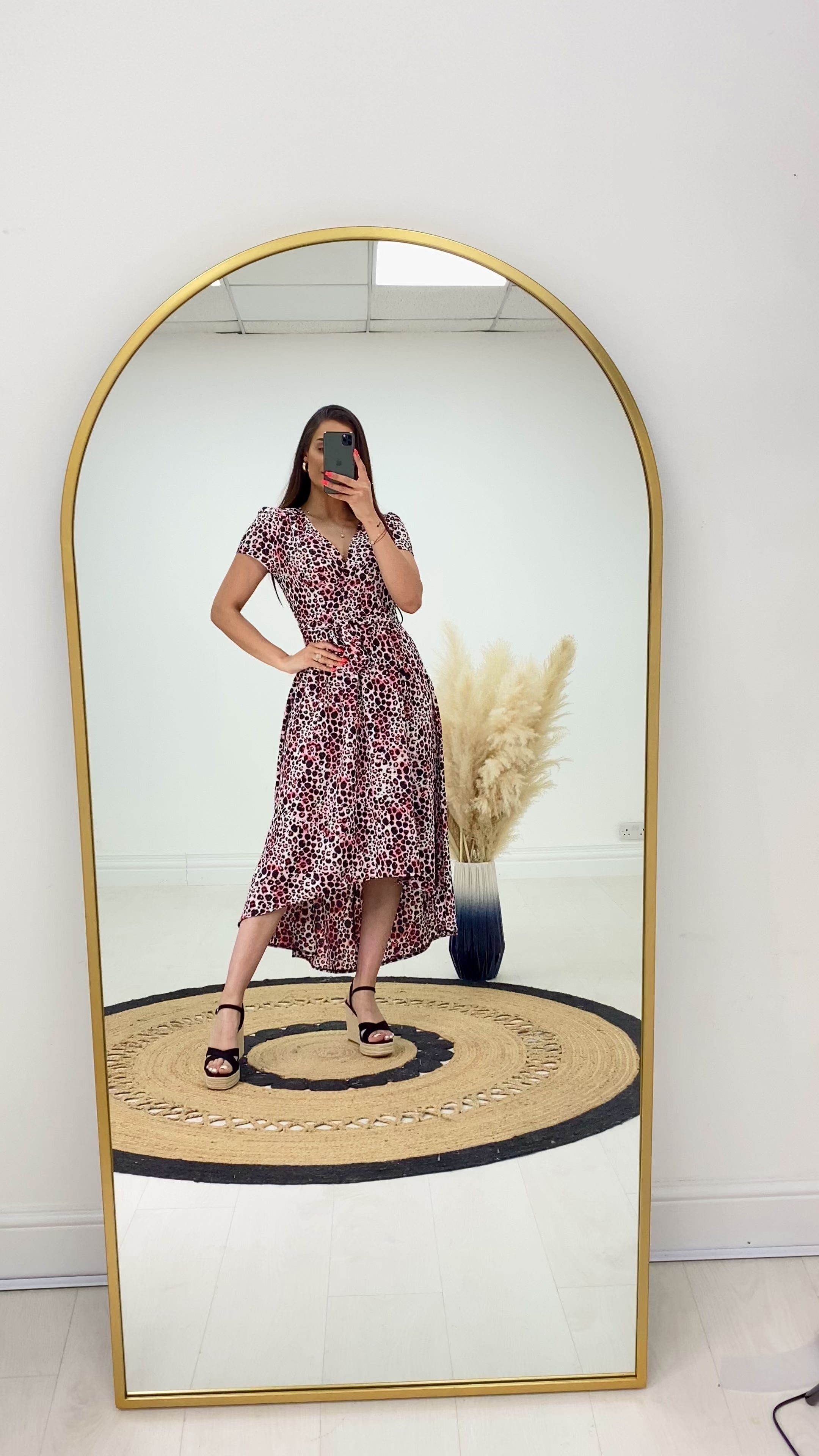 Load video: Kalissi Pink Leopard Print Dip Hem Dress