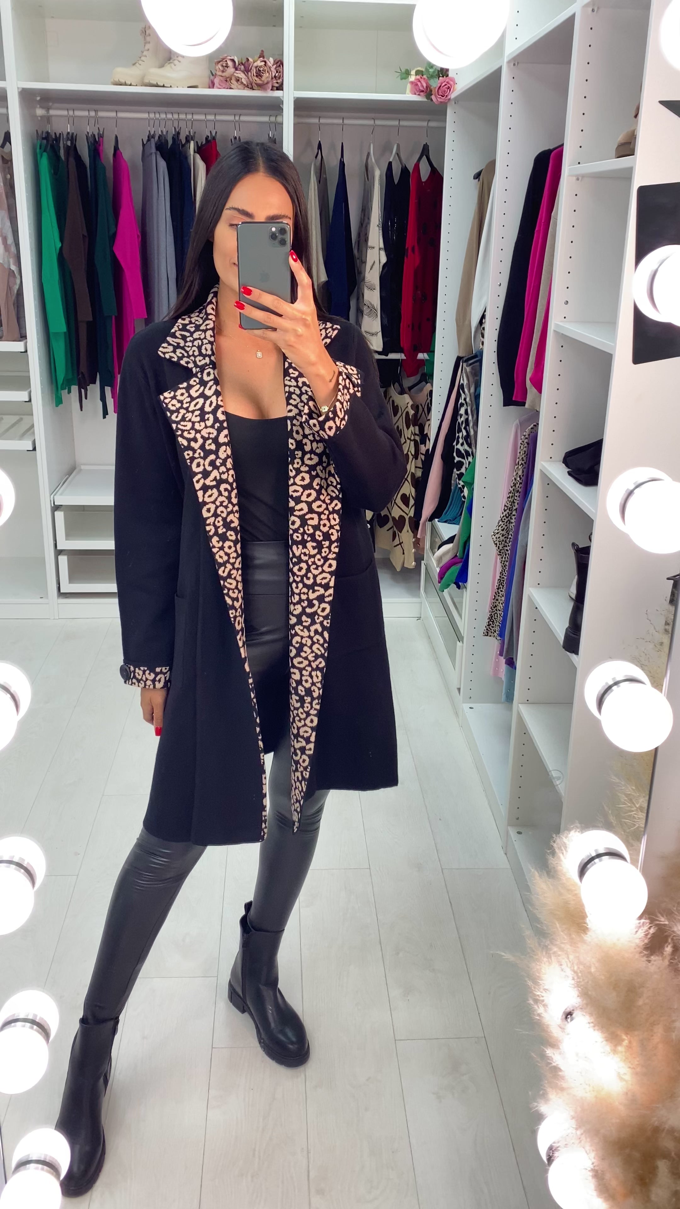 Load video: Mya Black/Camel Cheetah Trim Pocket Cardigan