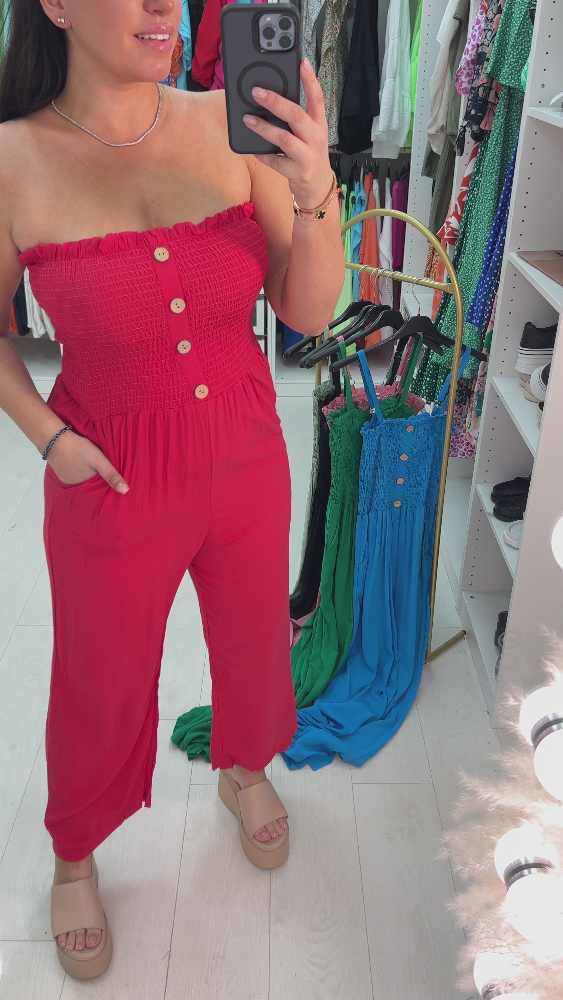 Rodi Elasticated Bust Button Detail Plain Jumpsuit