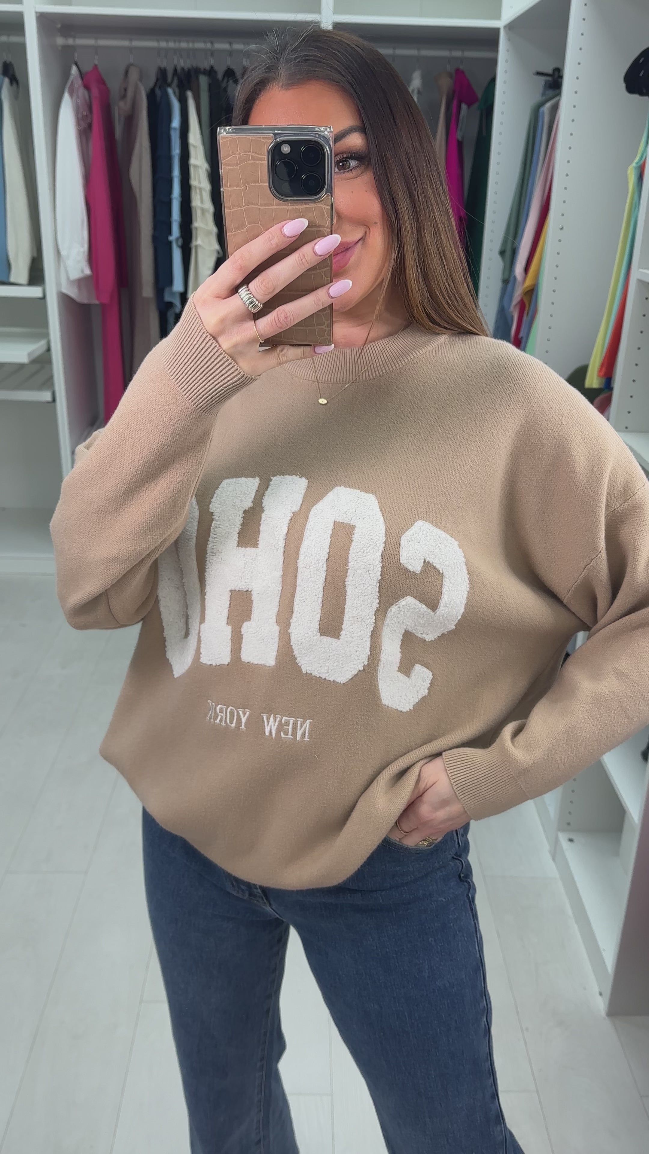 Naomi Boucle 'SOHO' Slogan Crew Neck Jumper