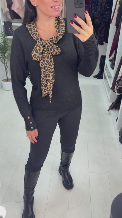 Emilee Plain Leopard Print Pussybow Jumper