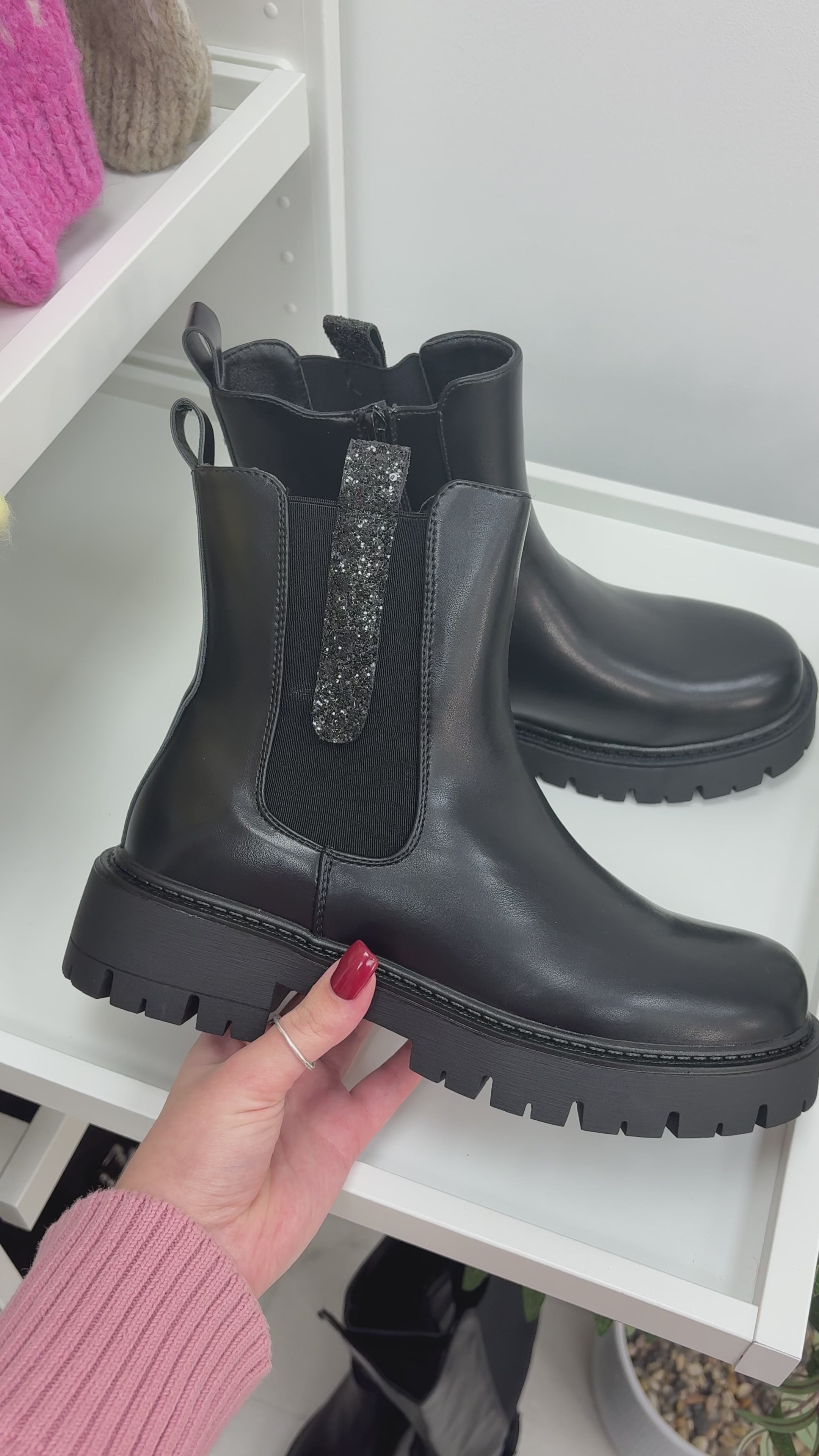 Load video: Florenz Faux Leather Sparkle Side Detail Ankle Boots