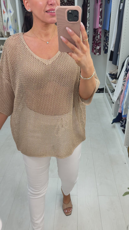 Dovie Crochet Gold Metalic V Neck Short Sleeve Top
