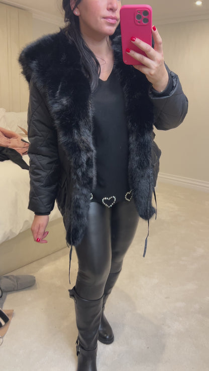 Olympia Black Short Quilted Faux Fur Trim Coat