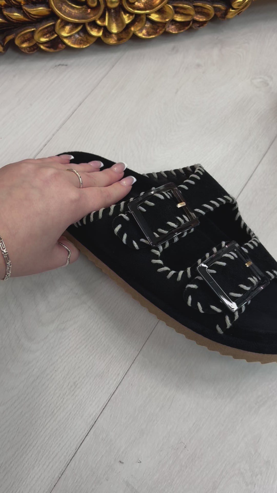 Load video: Caity Faux Suede Stitched Hem Buckle Sliders