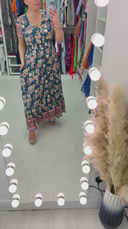 Karina Teal Multi Floral Ruffle Hem Maxi Dress