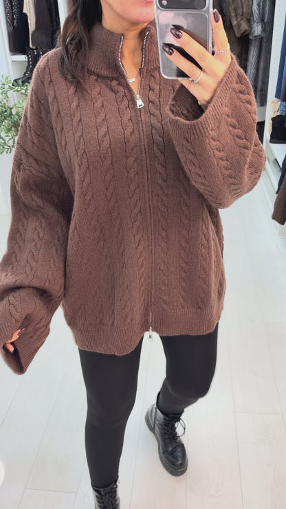 Istella Plain Cable Knit Zip Front Jumper