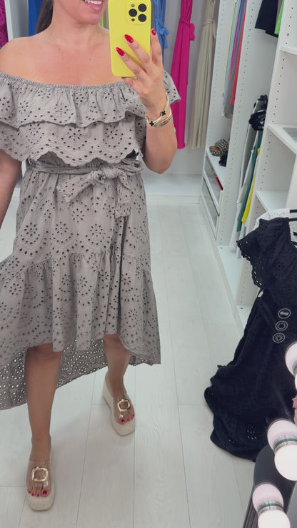 Charmaine Broidery Anglaise Dipped Hem Bardot Dress