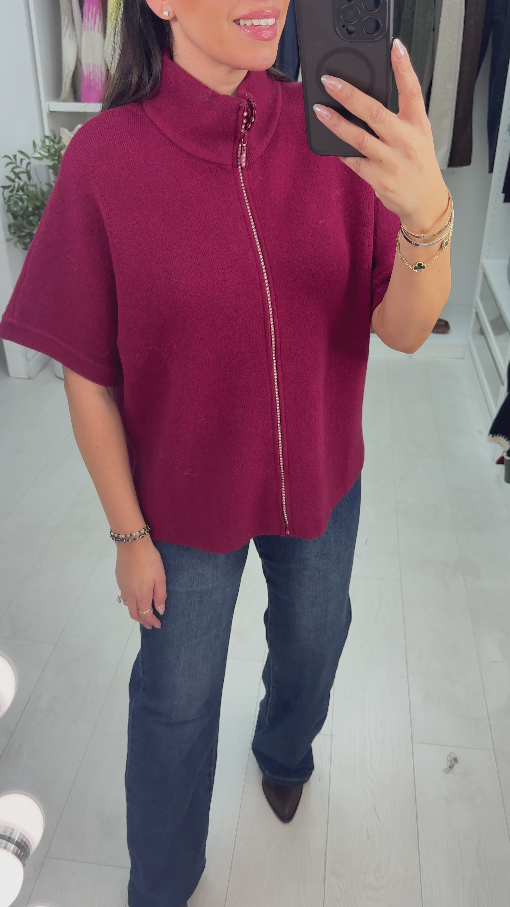 Load video: Jemma High Neck Diamante Zip Detail Super Soft Cardigan