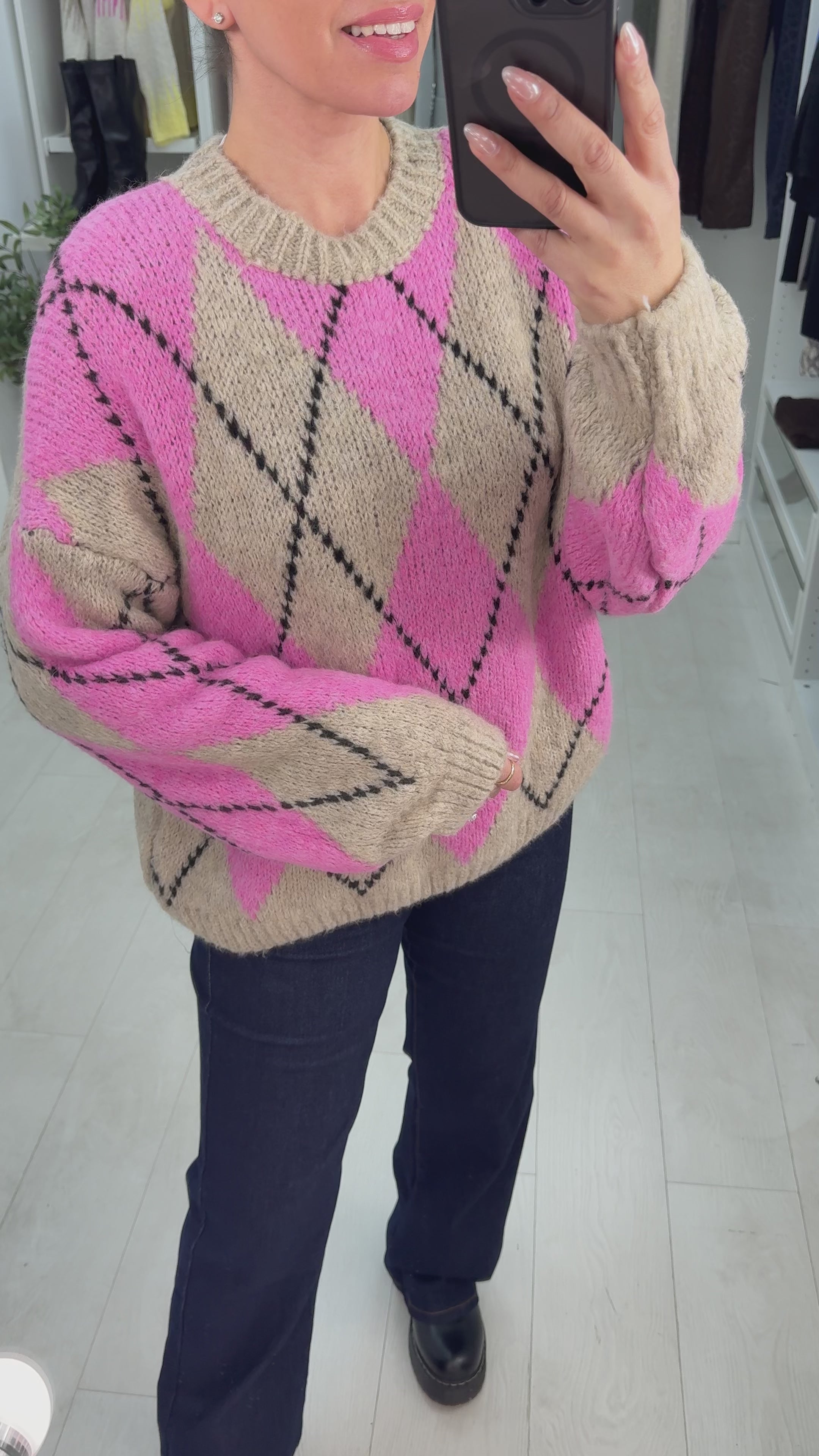 Load video: Nattie Argyle Print Chunky Jumper