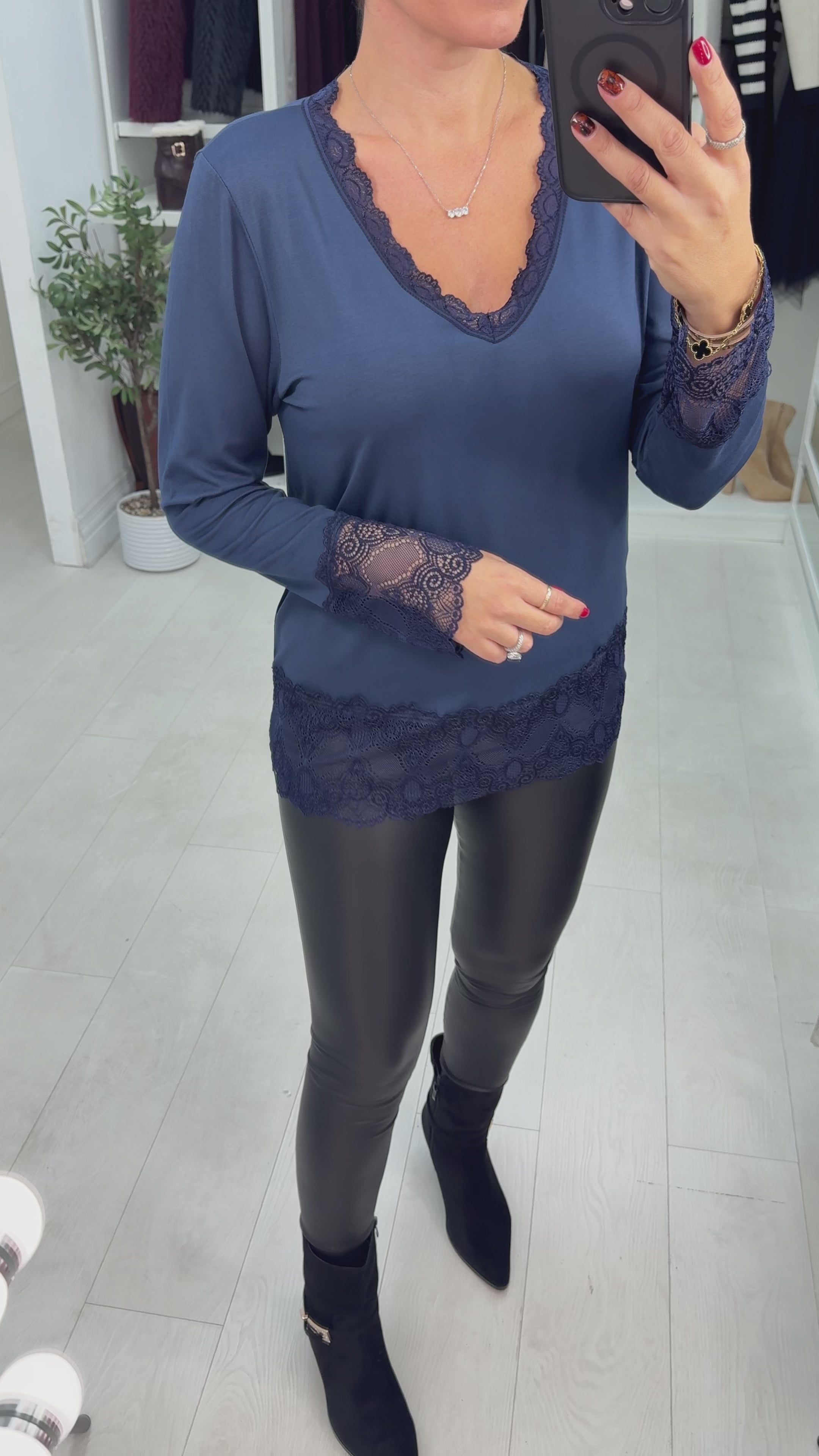 Load video: Hadleigh Long Sleeve Lace Trim V Neck Top