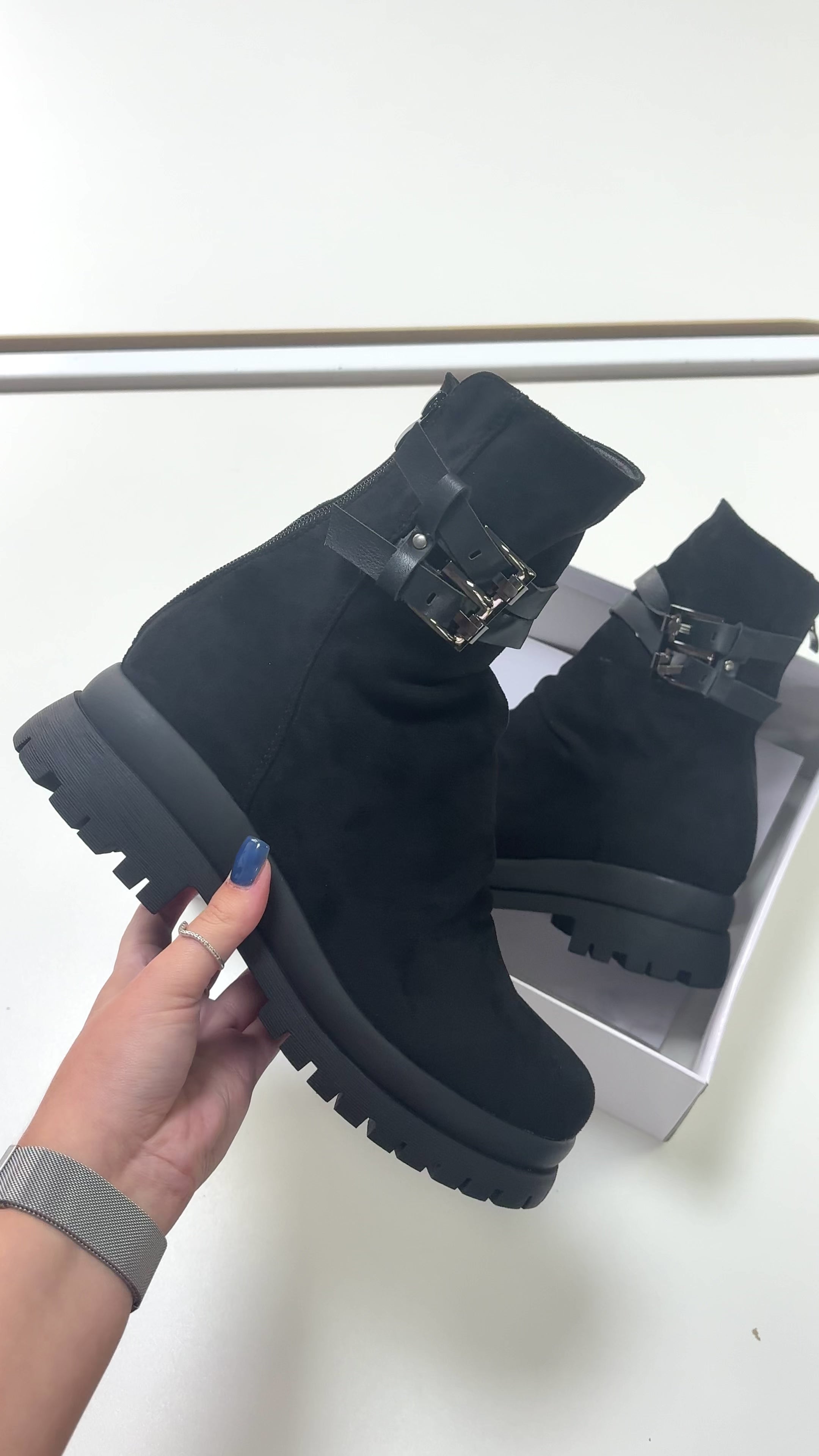 Leslie Faux Suede Buckle Detail Chunky Boots