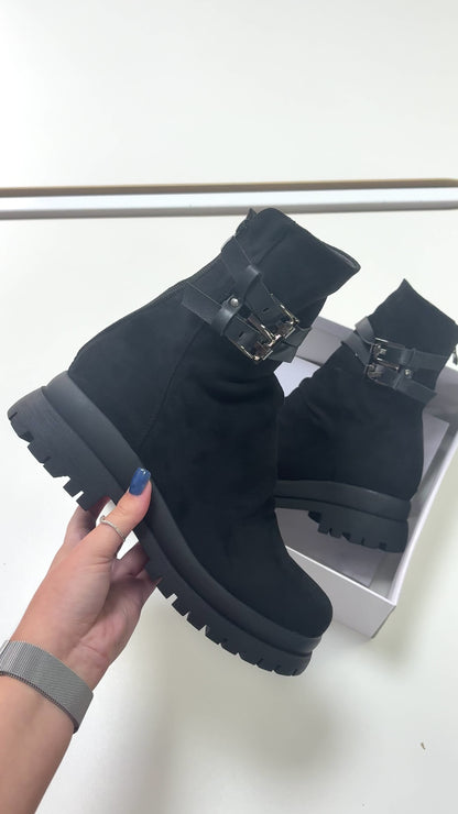 Leslie Faux Suede Buckle Detail Chunky Boots