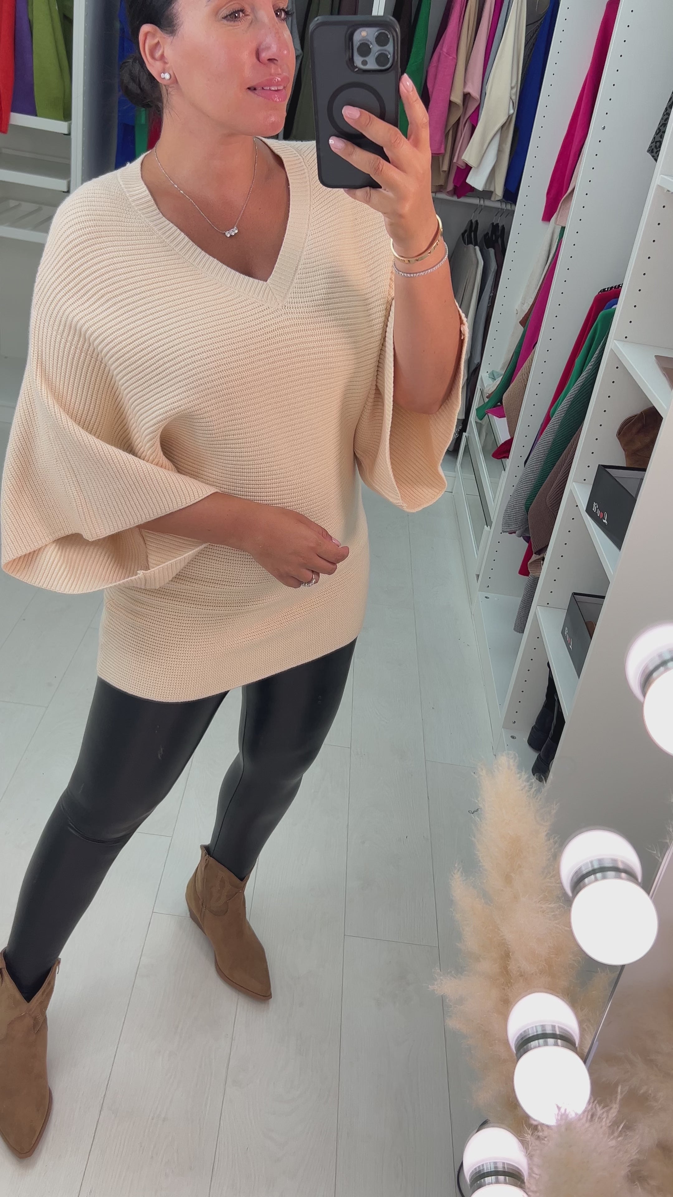 Load video: Doreta Ribbed V-Neck LongLine Jumper
