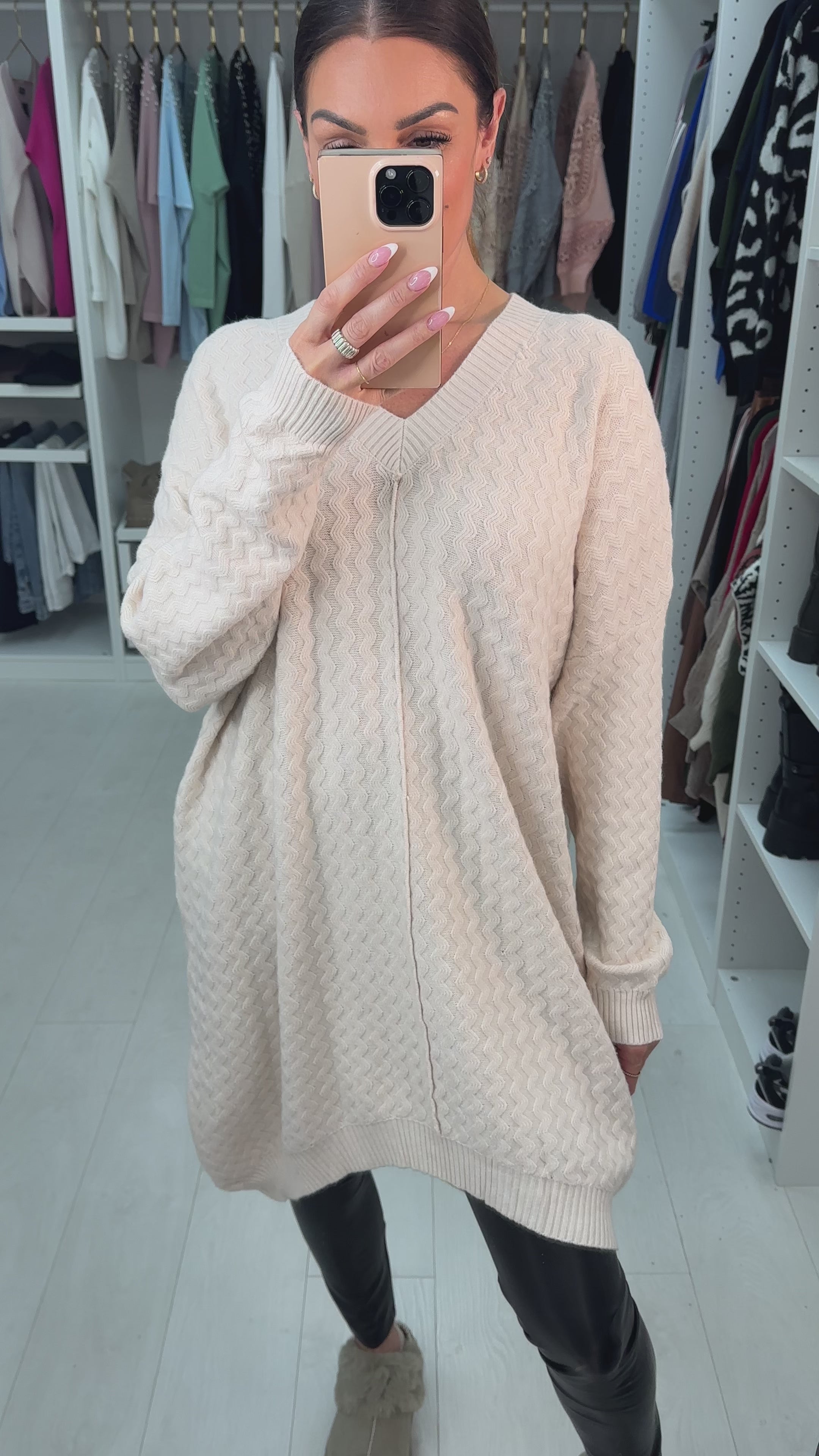 Load video: Amira Zig Zag V-Neck Longline Jumper