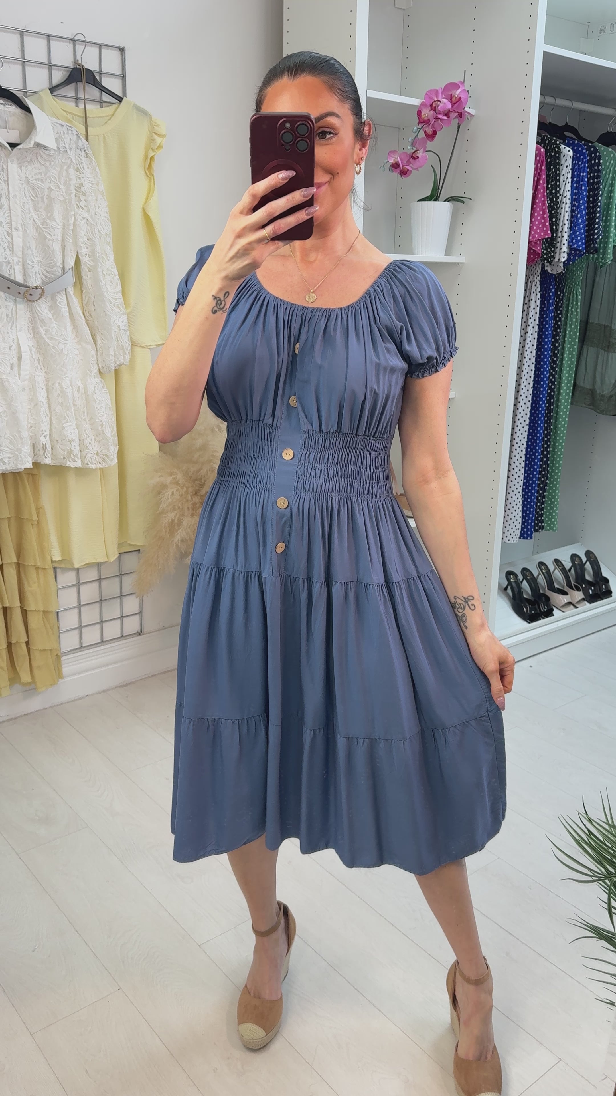Jeyda Plain Button Detail Midi Dress
