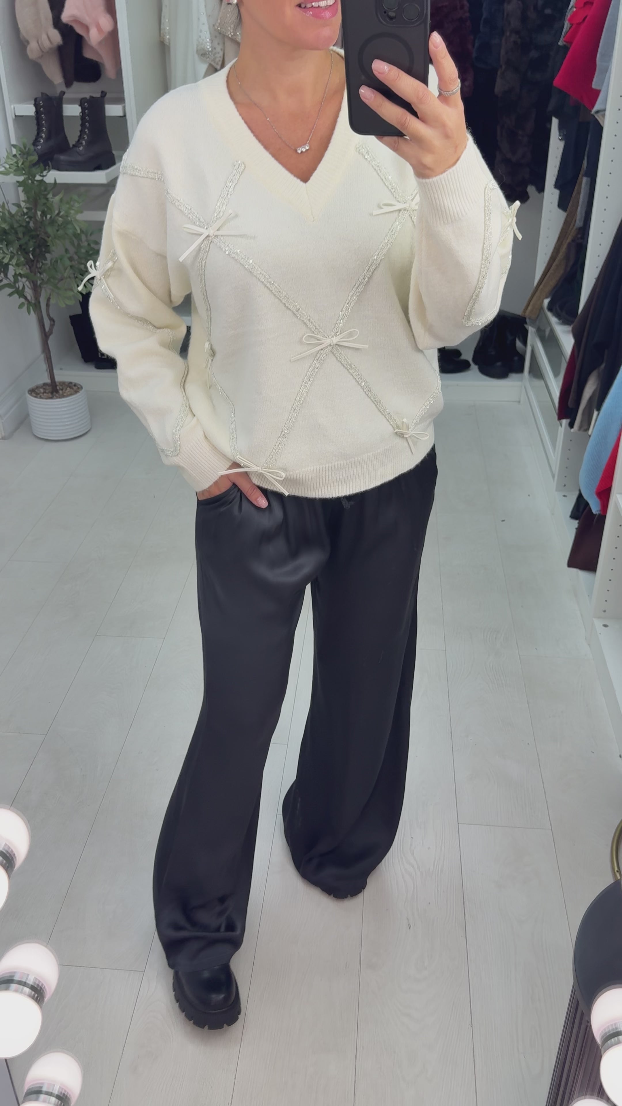 Norie Bow Embellished V Neck Jumper