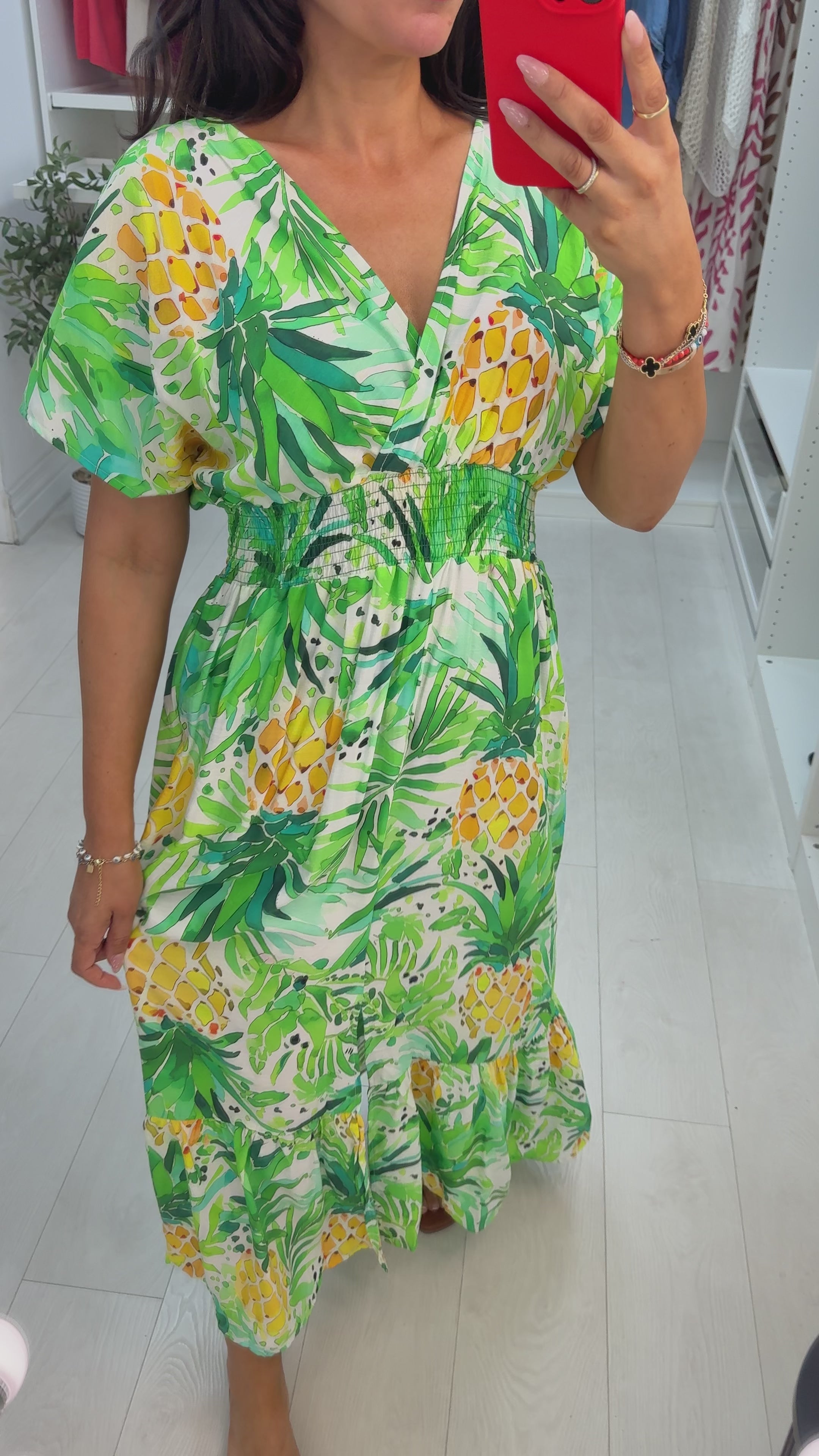Load video: Bernise Pineapple Print Shirred Waist Maxi Dress