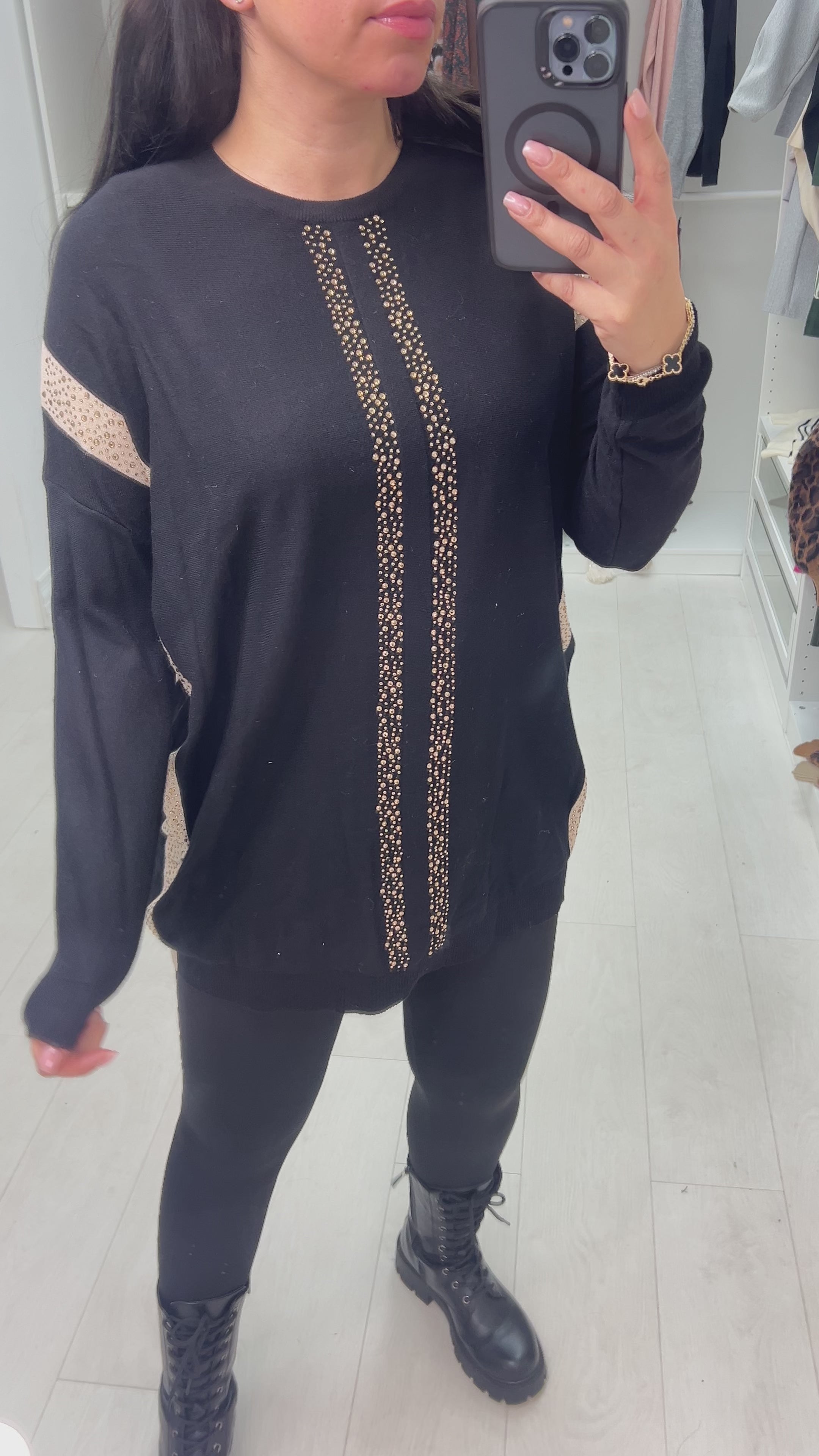Load video: Venesse Gem Detail Strip Knit Jumper