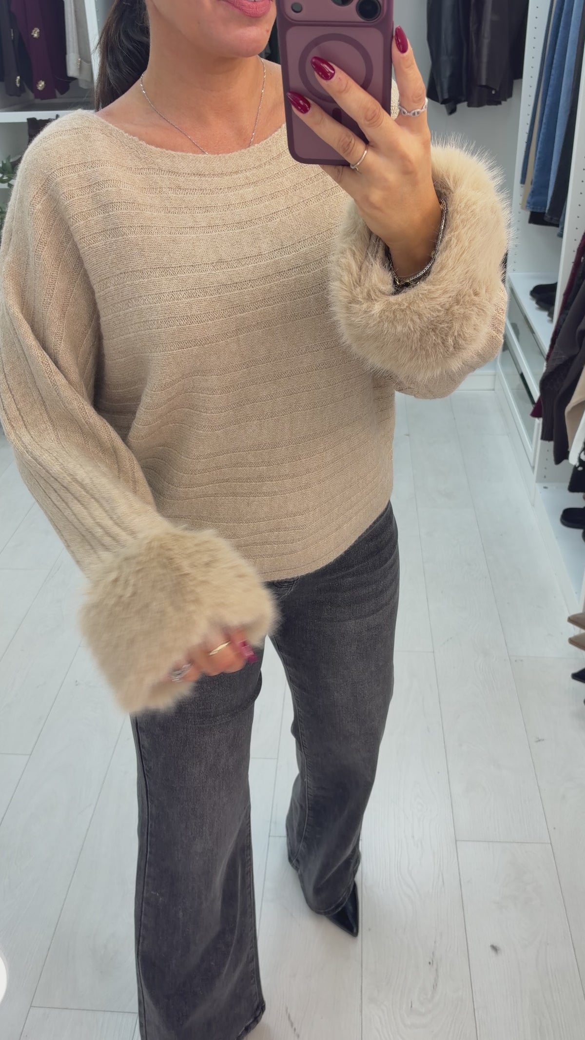 Load video: Imelia Faux Fur Cuffed Ribbed Jumper