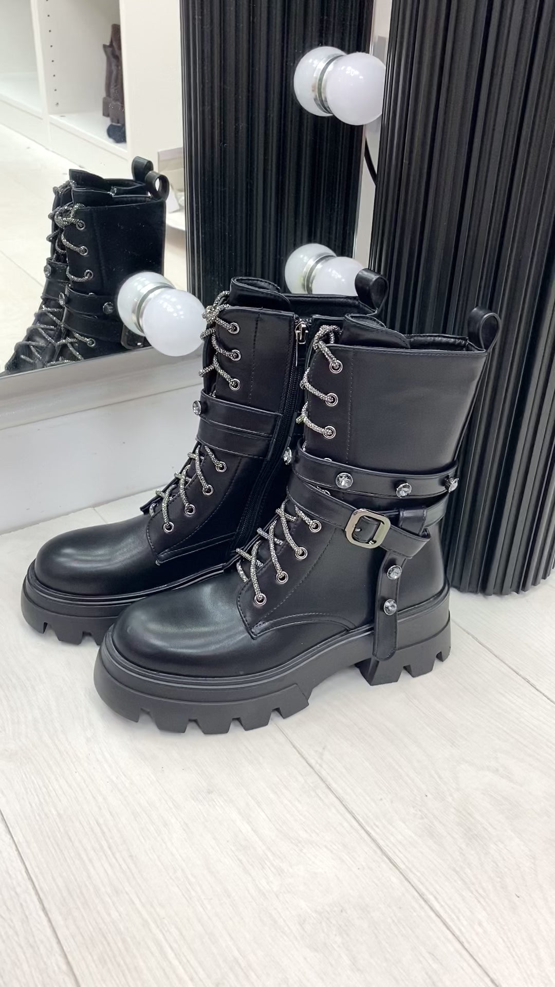 Load video: Atilio Faux Leather Diamante Lace Jewel Studded Biker Boots