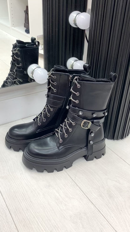 Atilio Faux Leather Diamante Lace Jewel Studded Biker Boots