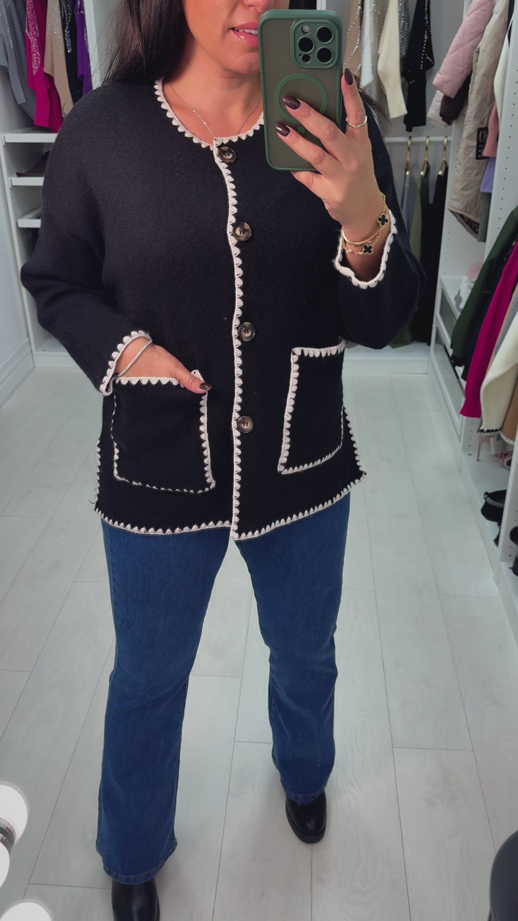 Load video: Aryanna Contrast Stitch Cardigan