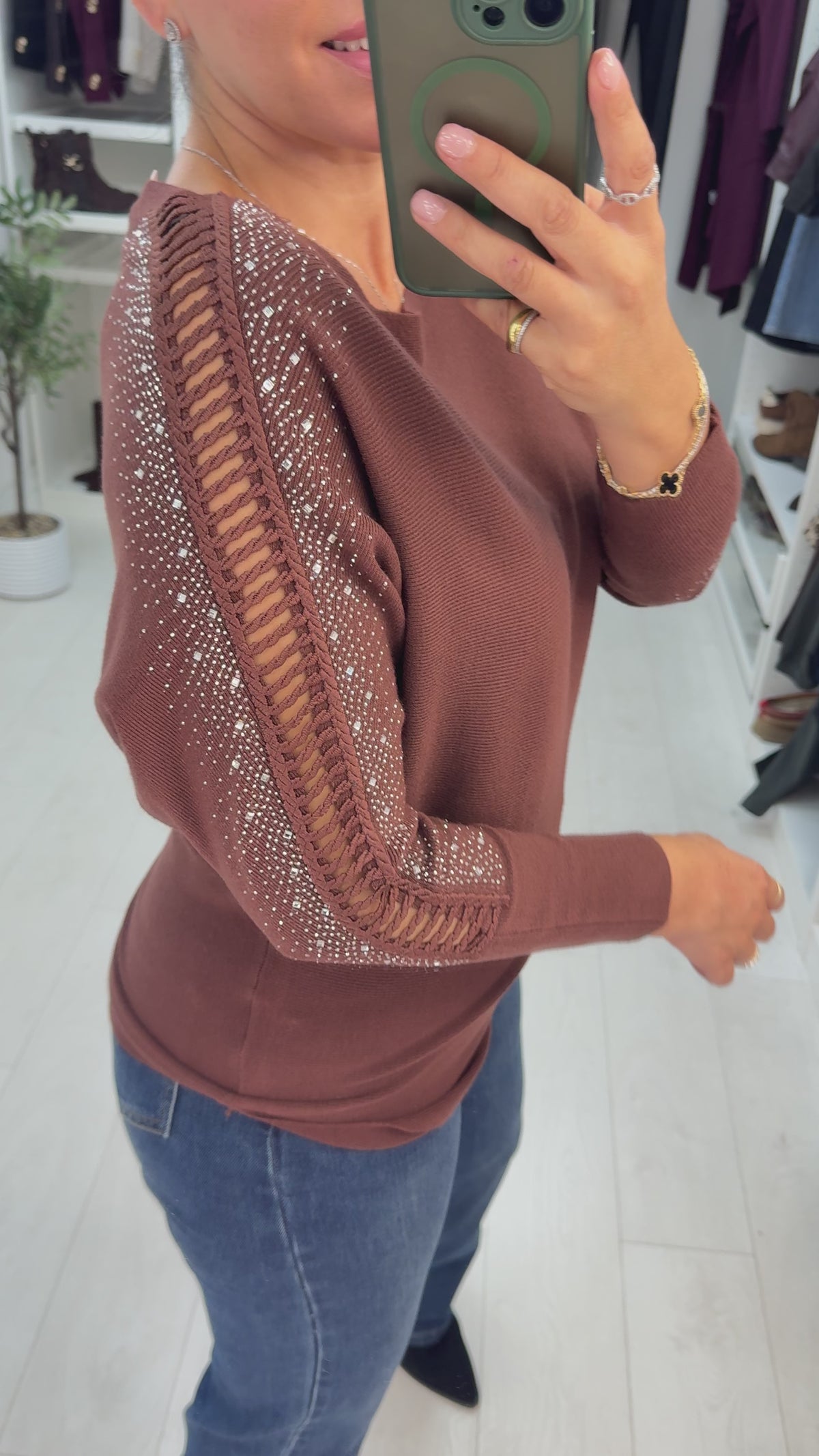 Load video: Kamara Open Stitch Embellished Sleeve Jumper