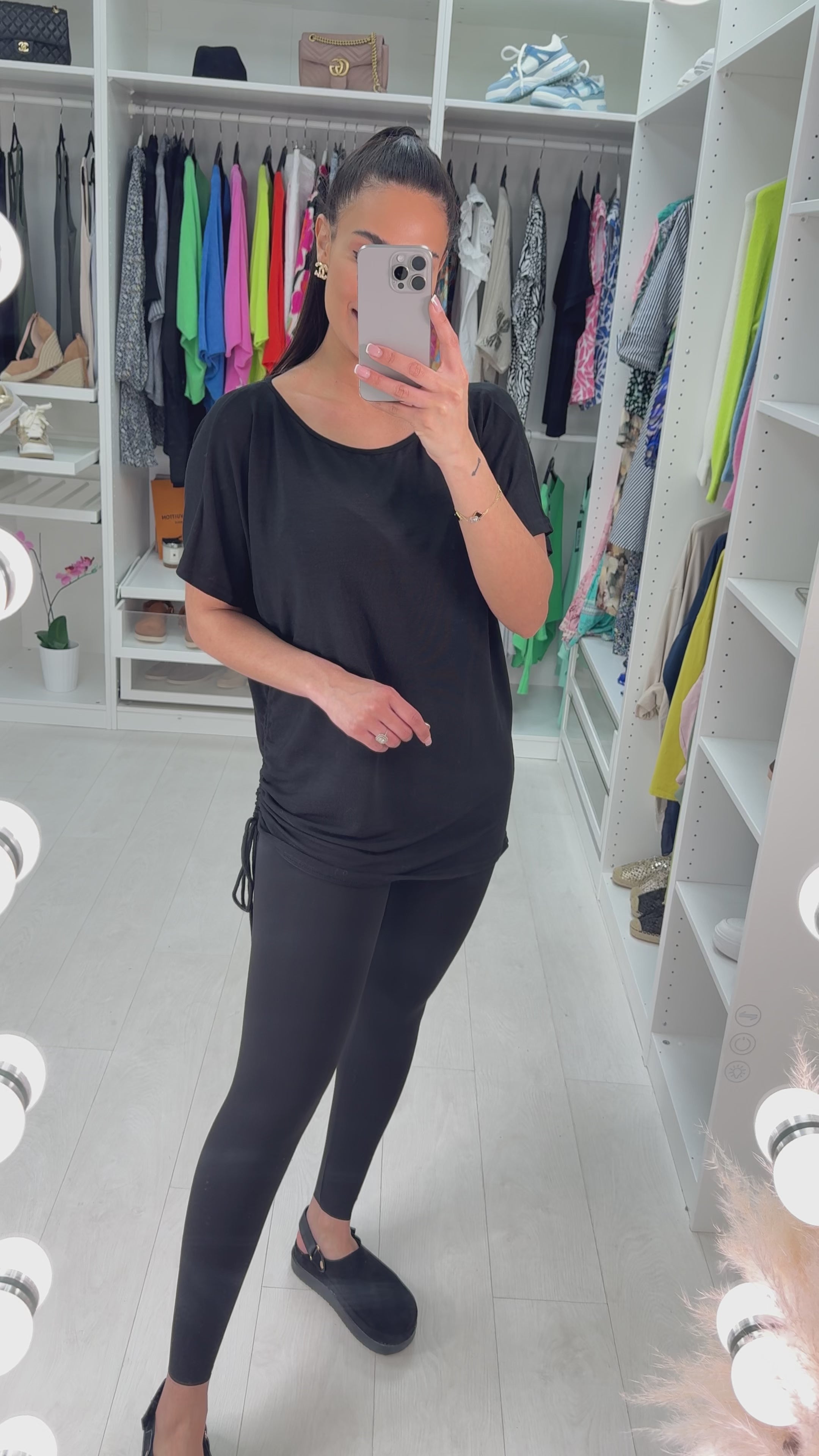 Saritta Black One Side Ruching Beaded Sleeve Top