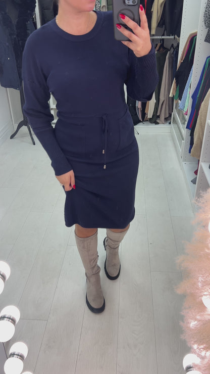Pebbles Plain Pocket Detailed Toggle Cinched Waist Knit Jumper Dress