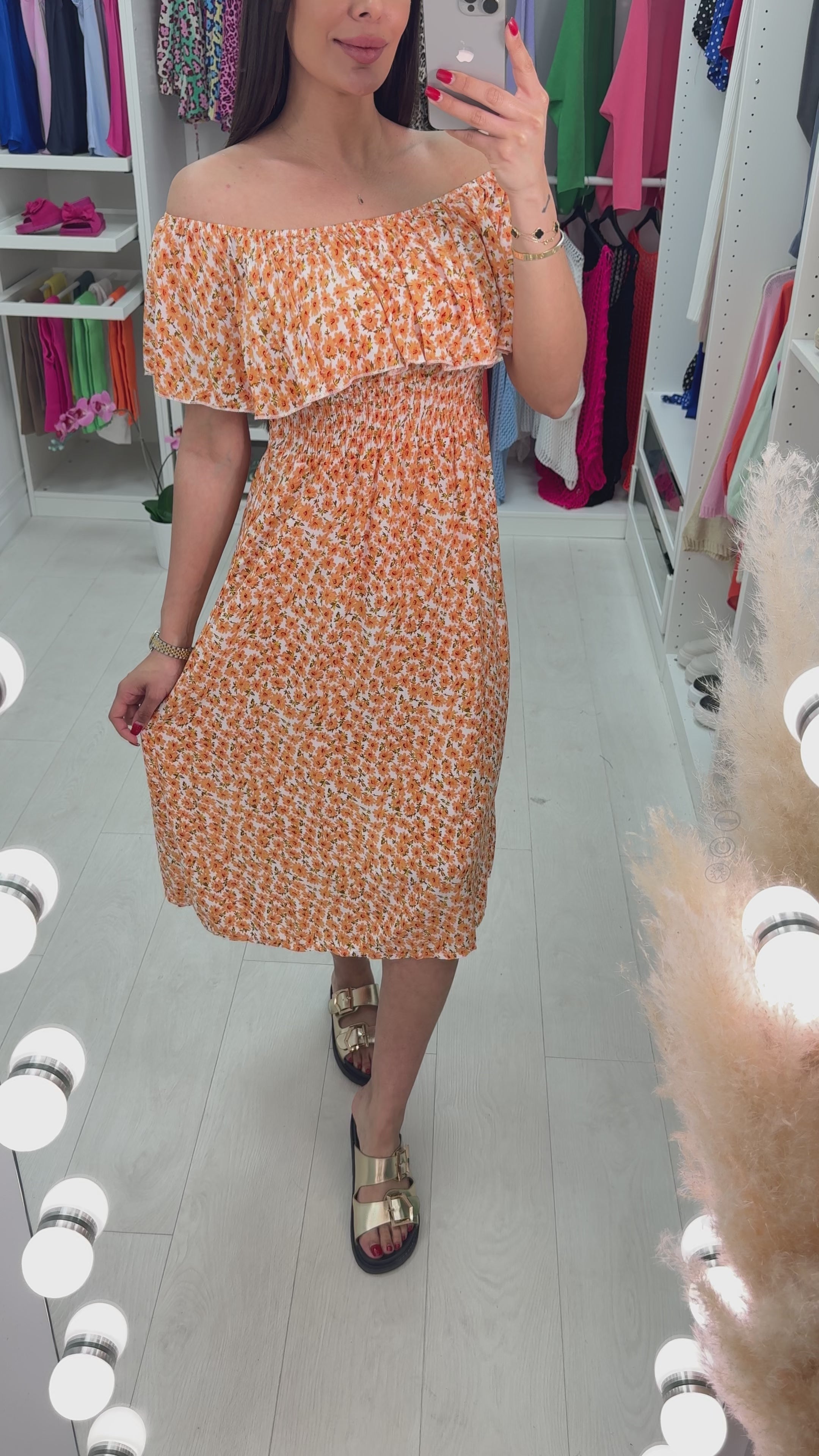 Load video: Miray Floral Print Bardot Frill Dress