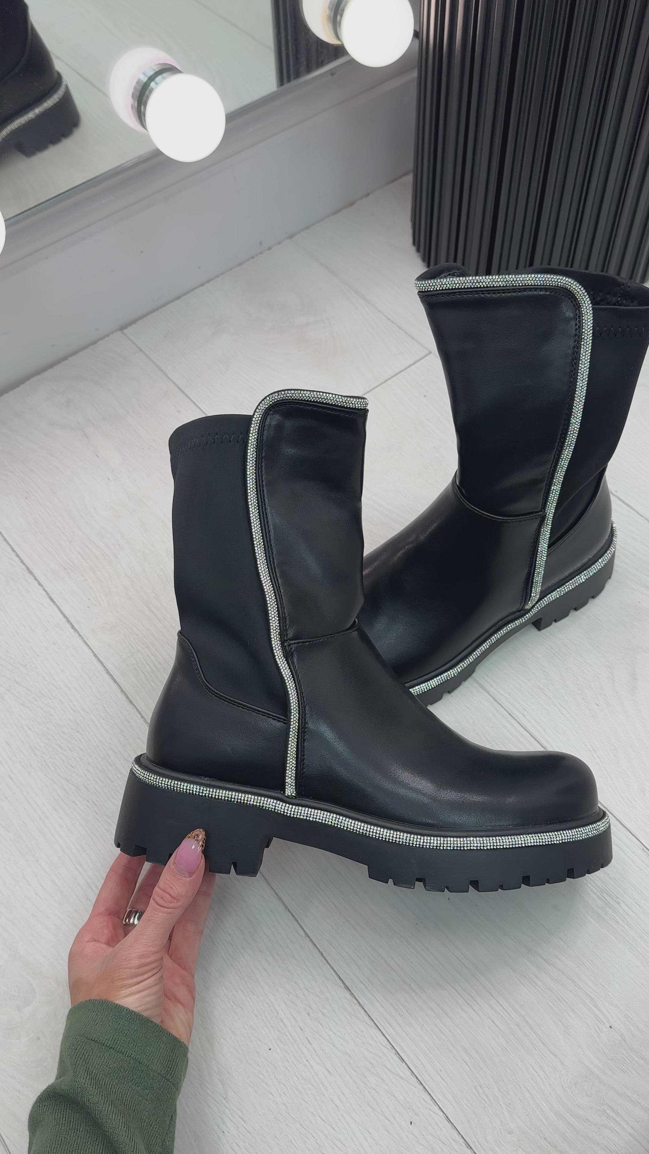 Load video: Dena Diamante Trim Detail Ankle Boots