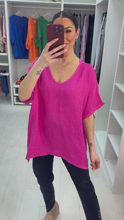 Claire Plain Linen V Neck Loose Fit Top