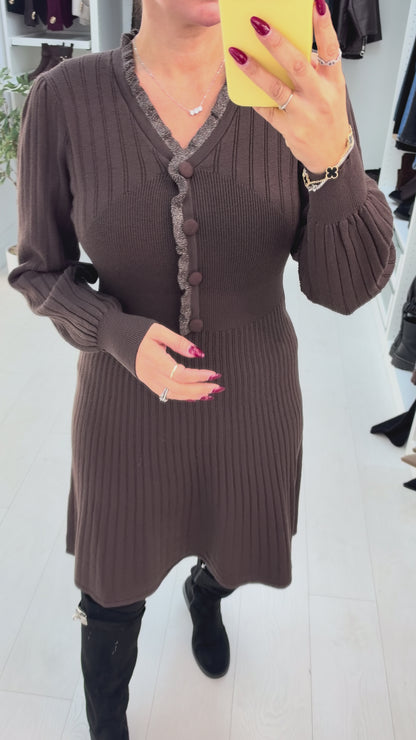 Ilona Plain V Neck Button Detail Ribbed Dress