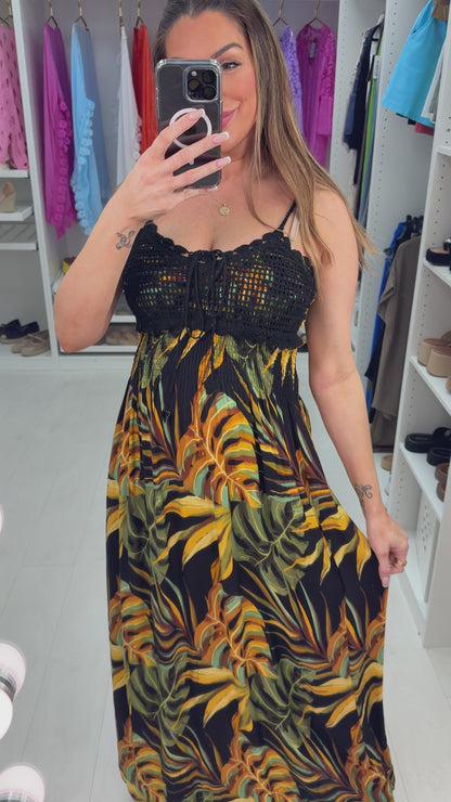 Hilary Leaf Print Crochet Bust Maxi Dress
