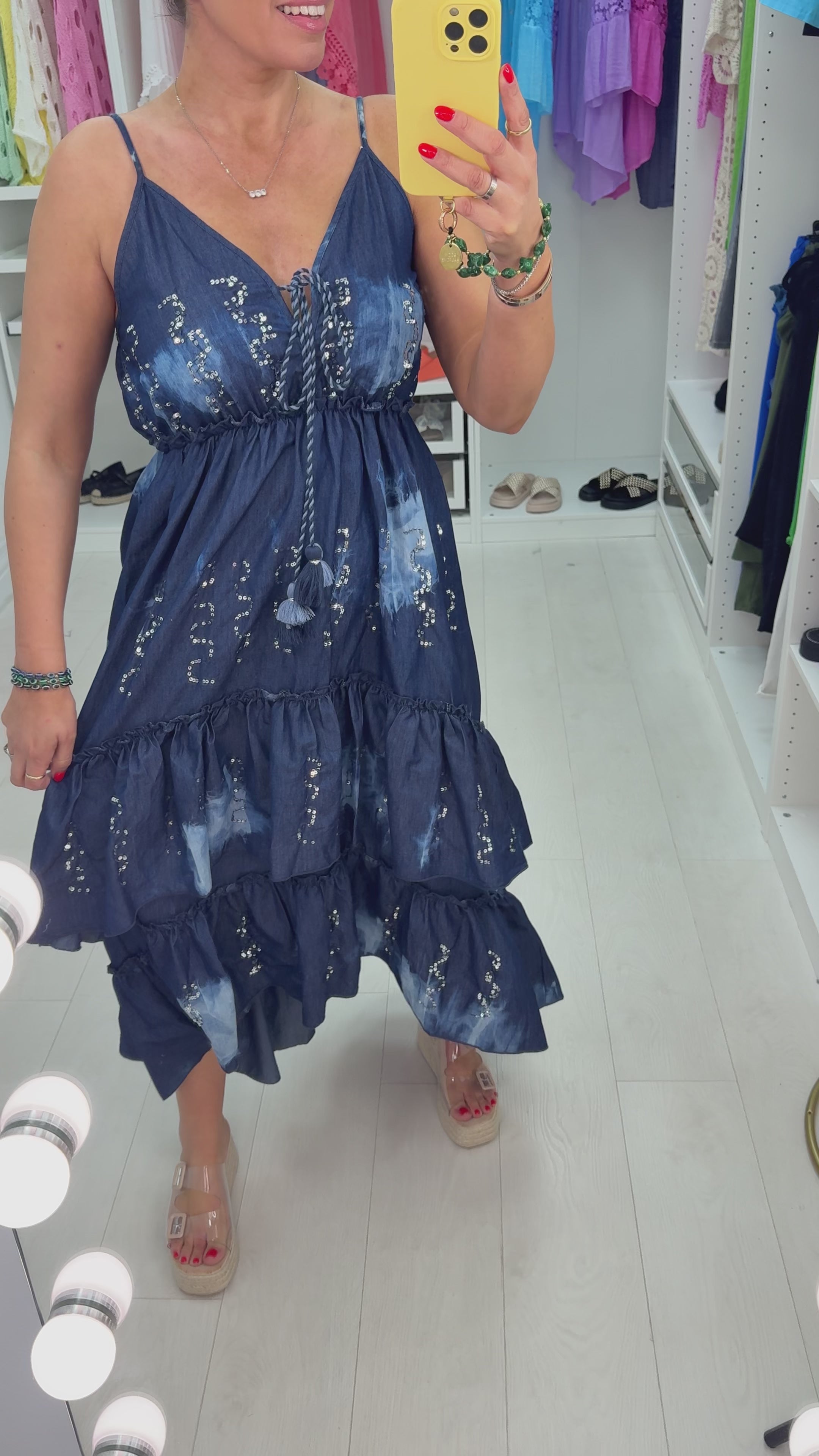 Load video: Idalia Embellished Denim Smock Maxi Dress