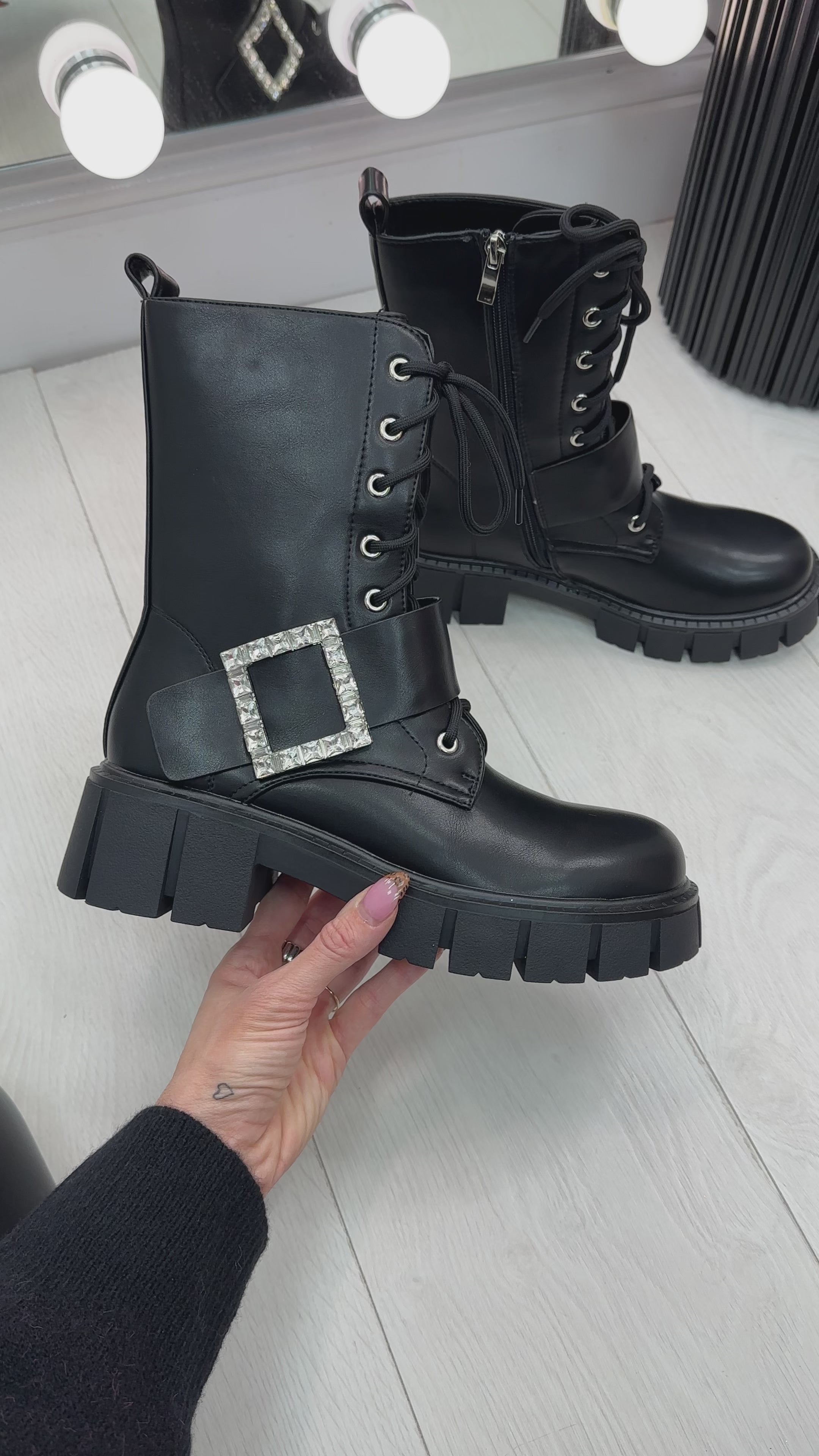 Load video: Ivone Black Faux Leather Buckle Detail Boots