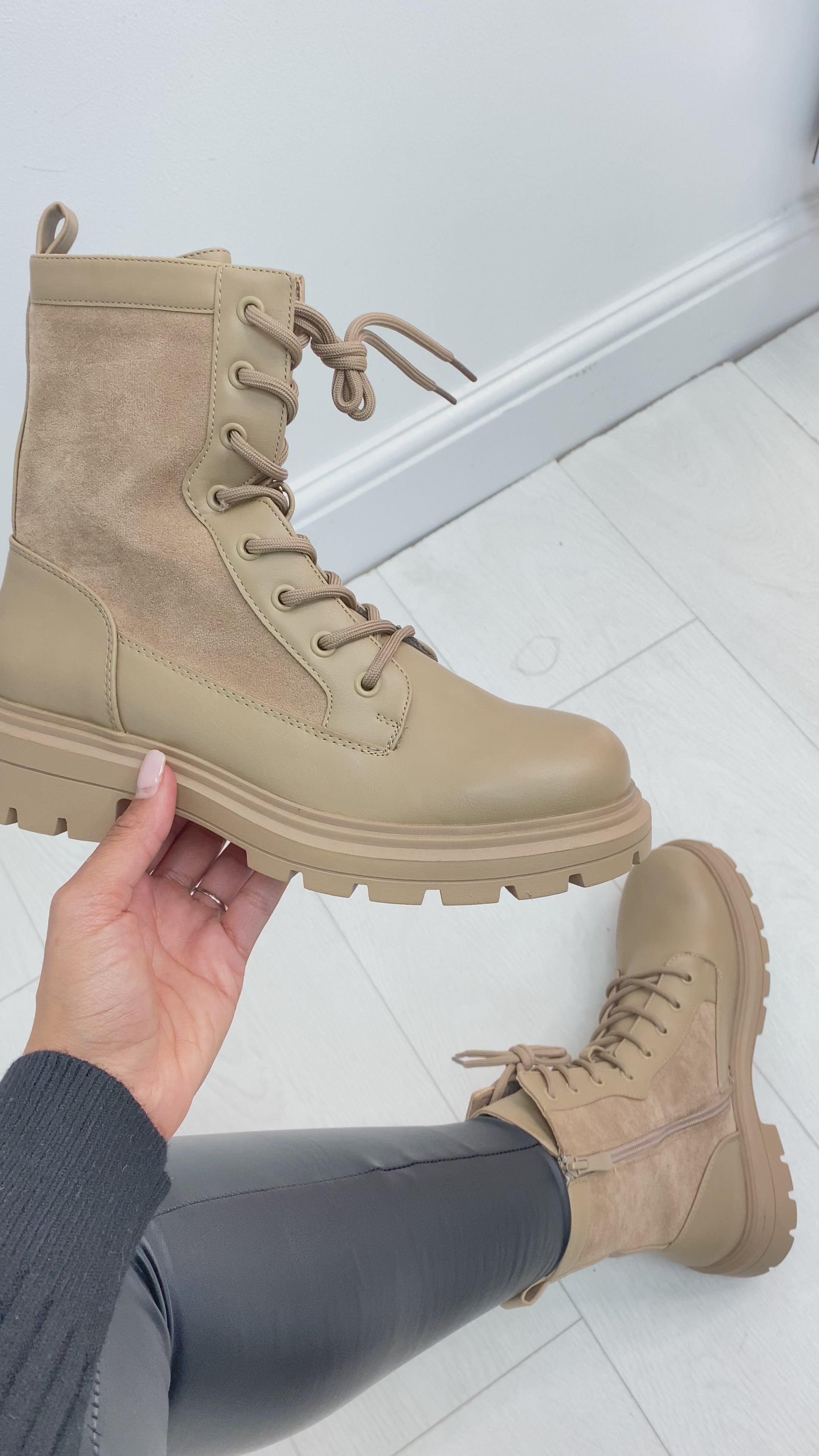 Load video: Matheo Faux Suede Detail Lace Up Biker Boot