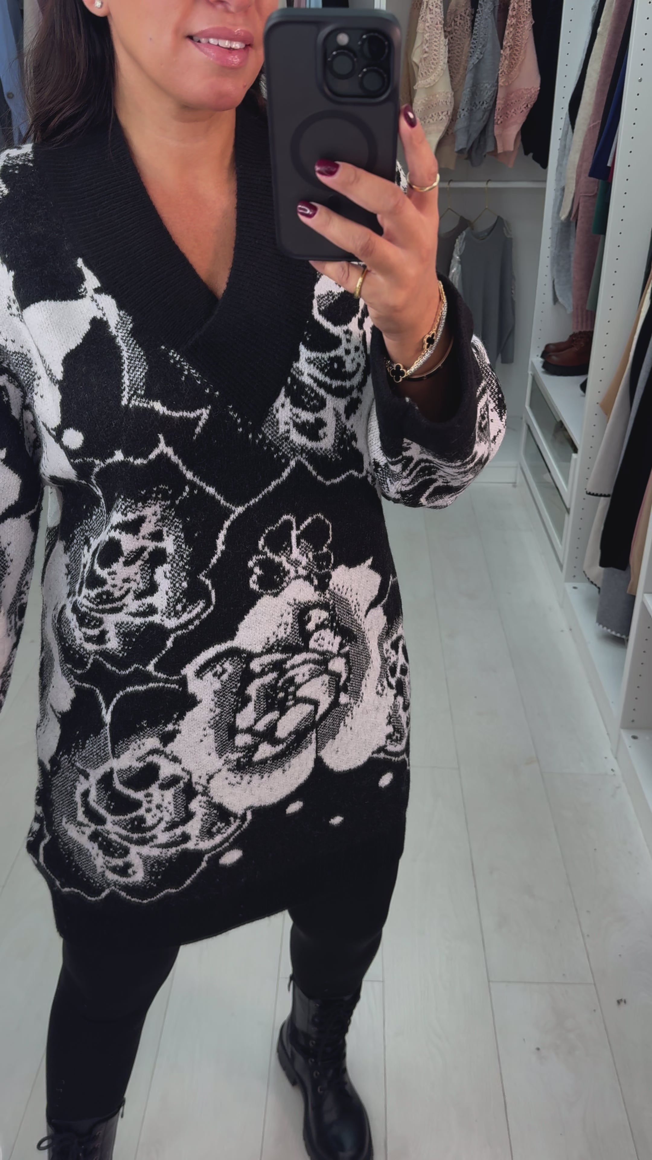 Load video: Haylie Flower Pattern V-Neck Longline Jumper