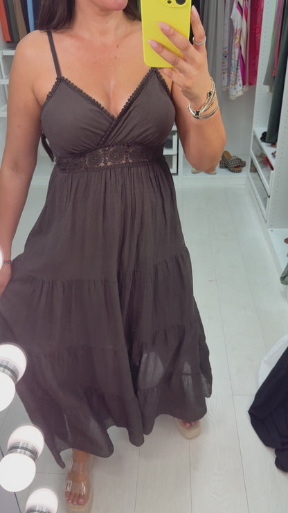 Halina Plain Crochet Detail Strappy Maxi Dress