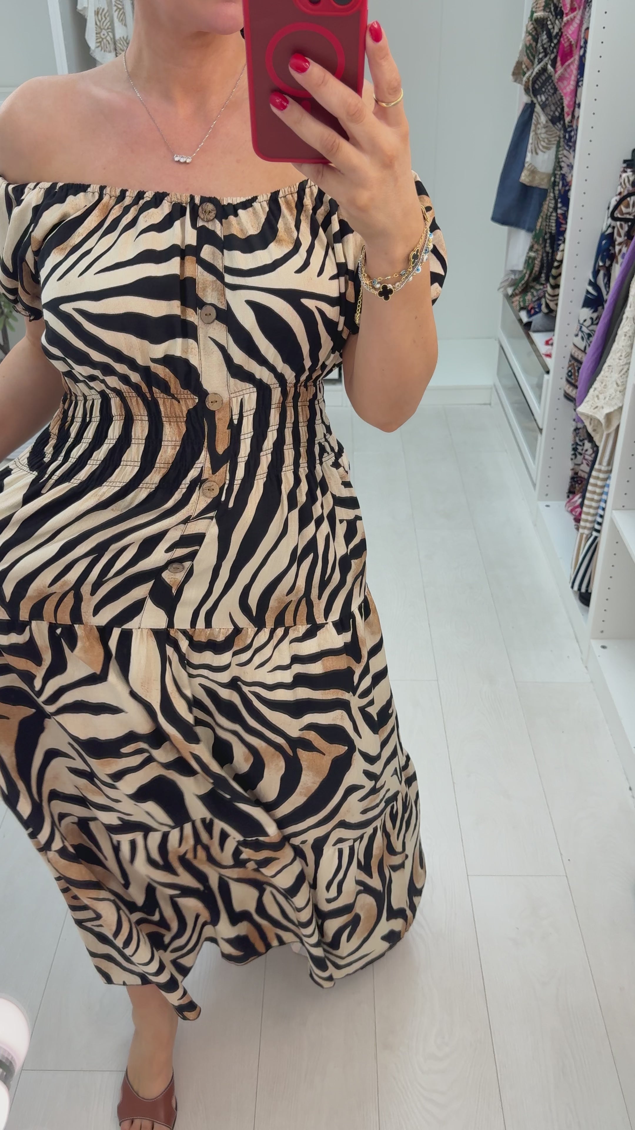 Load video: Xena Zebra Print Off-Shoulder Maxi Dress
