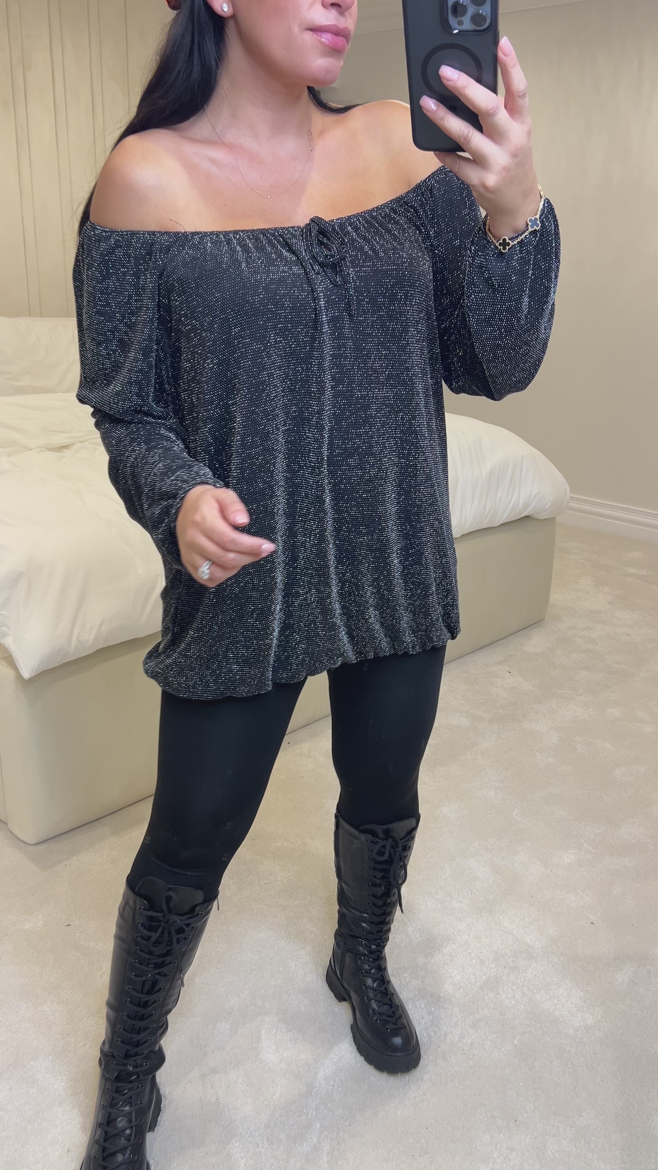 Load video: Santiago Bardot Tie Glitter Blouse