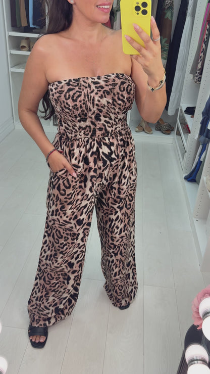 Fayanna Leopard Print Elasticated Bust Wide Leg Jumpsuit