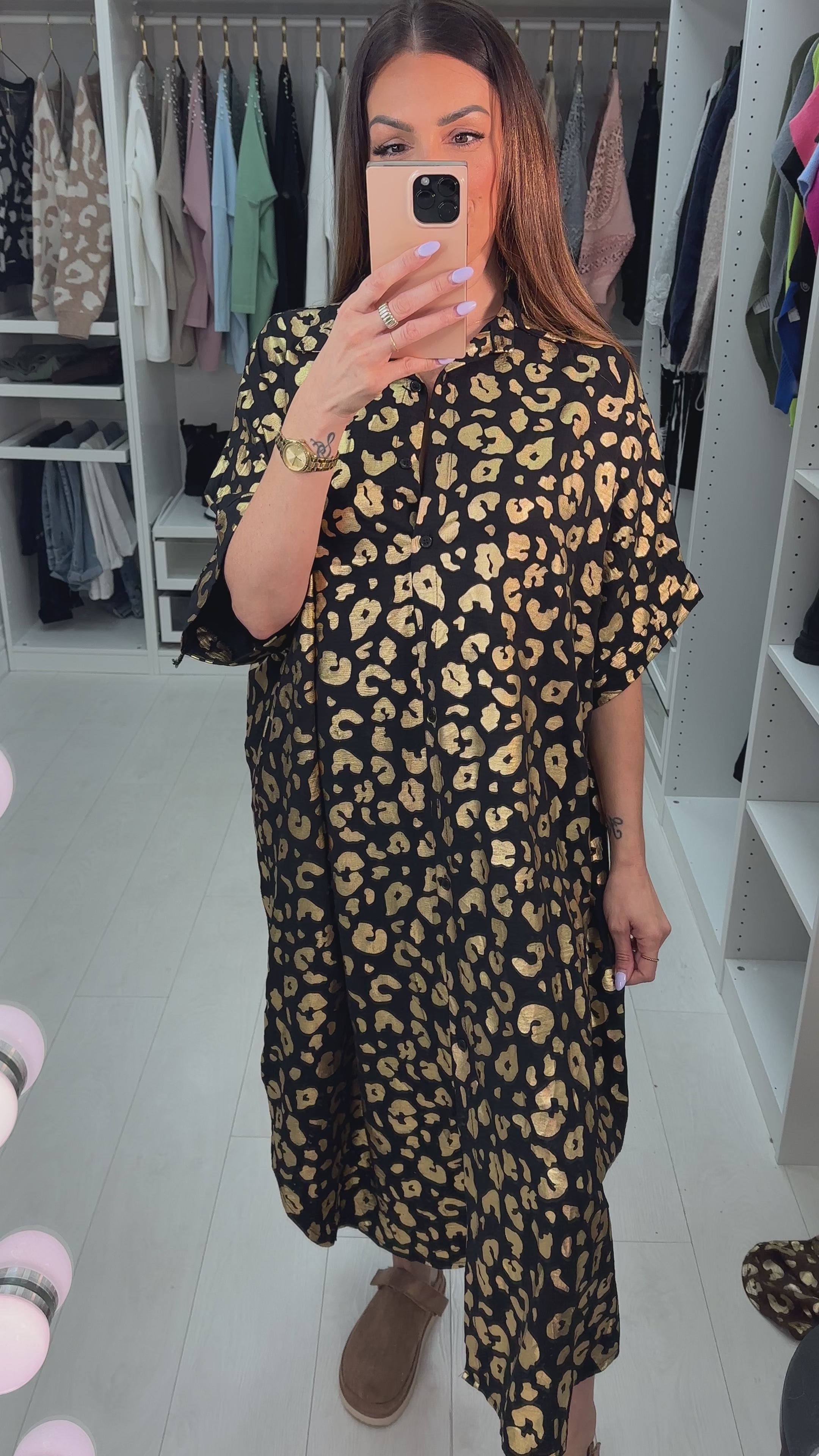 Erma Gold Cheetah Pattern Shirt Midi Dress